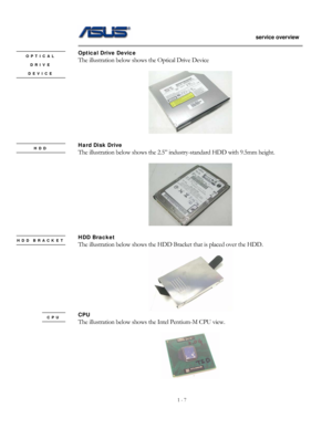 Page 7
                   service overview 
                                                                                       
1 - 7
                                                   
Optical Drive Device OPTICAL The illustration below shows the Optical Drive Device DRIVE 
DEVICE  
 
 
 
Hard Disk Drive HDD  The illustration below shows the 2.5” in dustry-standard HDD with 9.5mm height. 
 
              
 
HDD Bracket HDD BRACKET The illustration below shows the HDD Brac ket that is placed over the HDD....