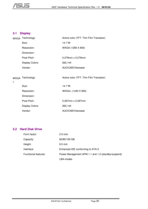 Page 94
           S62F Hardware Technical Specification Rev. 1.0  06/03/28 
 
ASUSTeK Confidential           Page 
20 
 
 
3.1 Display 
WXGA  Technology:
  Active color (TFT: Thin Film Transistor) 
  Size:
  14.1”W 
  Resolution:
  WXGA (1280 X 800) 
  Dimension:  
  Pixel Pitch:  0.279mm x 0.279mm 
  Display Colors:  262,144 
  Vendor: AUO/CMO/Hansstar 
    
WXGA
+  Technology:  Active color (TFT: Thin Film Transistor) 
  Size: 14.1”W 
  Resolution:  WXGA+ (1440 X 900) 
  Dimension:  
  Pixel Pitch:  0.297mm...