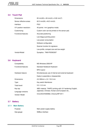 Page 96
           S62F Hardware Technical Specification Rev. 1.0  06/03/28 
 
ASUSTeK Confidential           Page 
22 
 
3.5 Touch Pad 
 
  Dimensions: 
Sensor effective areas: 
Interface: 
X/Y position resolution: 
Customizing:  65 mm(W) x 49 mm(H) x 2.82 mm(T) 
62.5 mm(W) x 46.5 mm(H) 
PS/2 
40 points / mm (graphics mode) 
Custom color can be printed on the sensor pad. 
 
  Functional features:  Accurate positioning 
Low fatigue pointing action 
Low power consumption 
Software configurable 
Scanner function...