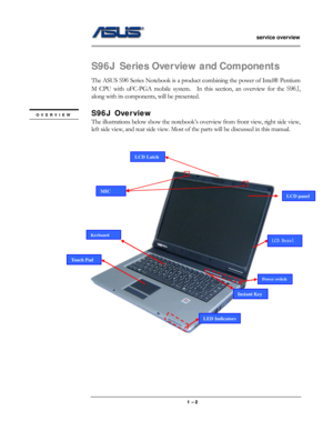 Page 2
                 service overview 
                                                                                        
S96J Series Overview and Components 
The ASUS S96 Series Notebook is a product combining the power of Intel® Pentium 
M CPU with uFC-PGA mobile system.  In this section, an overview for the S96J, 
along with its components, will be presented. 
 
S96J Overview OVERVIEW 
 The illustrations below show the notebook’s overview from front view, right side view, 
left side view, and rear...