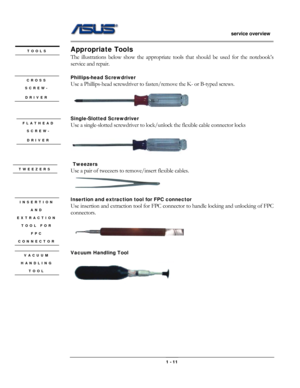 Page 11
                   service overview 
                                                                                       
Appropriate Tools TOOLS 
The illustrations below show the appropriate tools that should be used for the notebook’s 
service and repair. 
 
Phillips-head Screwdriver  CROSS 
SCREW- 
DRIVER 
Use a Phillips-head screwdriver to fasten/remove the K- or B-typed screws. 
 
Single-Slotted Screwdriver  FLATHEAD 
SCREW- 
DRIVER  
 
Use a single-slotted screwdriver to lock/unlock the...