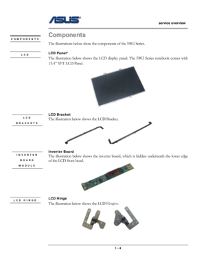 Page 4
                   service overview 
                                                                                       
Components COMPONENTS 
 The illustrations below show the components of the S96J Series. 
 
LCD Panel* LCD 
The illustration below shows the LCD display panel. The S96J Series notebook comes with 
15.4” TFT LCD Panel. 
 
 
LCD Bracket LCD 
BRACKETS 
 
The illustration below shows the LCD Bracket. 
   
 
Inverter Board  INVERTER 
BOARD 
MODULE  
 
The illustration below shows the...