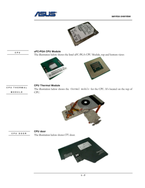 Page 7
                   service overview 
                                                                                       
              
 
uFC-PGA CPU Module CPU The illustration below shows the Intel uFC-PGA CPU Module, top and botto\
m views 
            
 
CPU Thermal Module CPU THERMAL 
MODULE 
 
The illustration below shows the thermal module for the CPU. It’s located on the top of 
CPU. 
 
 
CPU door CPU DOOR The illustration below shows CPU door....