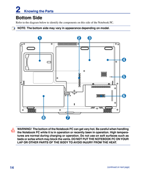 Page 14
14
2    Knowing the Parts

Bottom Side
Refer to the diagram below to identify the components on this side of th\
e Notebook PC.
1
4
5
6
78
32
WARNING!  The bottom of the Notebook PC can get very hot. Be careful when handling 
the Notebook PC while it is in operation or recently been in operation. High tempera-
tures are normal during charging or operation. Do not use on soft surfaces such as 
beds or sofas which may block the vents. DO NOT PUT THE NOTEBOOK PC ON YOUR 
LAP OR OTHER PARTS OF THE BODY TO...