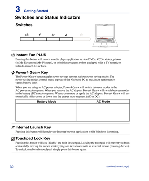 Page 30
30
3    Getting Started

Switches
Switches and Status Indicators
ASUS F5 ENTERTAINMENT SYSTEM
Battery ModeAC Mode
Power4 Gear+ Key
The Power4 Gear+ button toggles power savings between various power saving modes. The 
power saving modes control many aspects of the Notebook PC to maximize performance 
versus battery time.
When you are using an AC power adapter, Power4 Gear+ will switch between modes in the 
AC power mode segment. When you remove the AC adapter, Power4 Gear+ will switch between modes 
in...