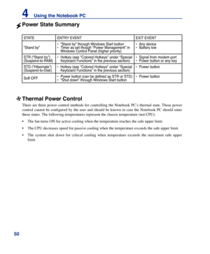 Page 50
50
4    Using the Notebook PC

Thermal Power Control
There are three power control methods for controlling the Notebook PC’s thermal state. These power 
control cannot be configured by the user and should be known in case the Notebook PC should enter 
these states. The following temperatures represent the chassis temperature (not CPU)\
.
• The fan turns ON for active cooling when the temperature reaches the saf\
e upper limit.
• The CPU decreases speed for passive cooling when the temperature exceeds\...