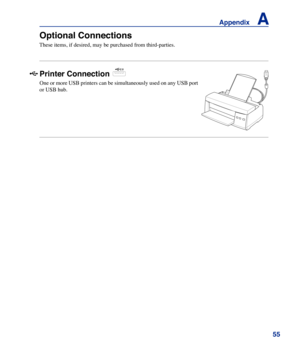 Page 55
55
Appendix    A

Optional Connections
These items, if desired, may be purchased from third-parties.
Printer Connection
One or more USB printers can be simultaneously used on any USB port 
or USB hub. 