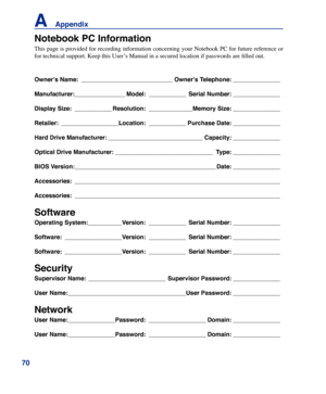 Page 70
0
A    Appendix
Owner’s Name: ___________________________Owner’s Telephone: ______________
Manufacturer: _______________Model:  ___________Serial Number: ______________
Display Size:  ___________Resolution: _____________Memory Size: ______________
Retailer:  _________________Location:  ___________Purchase Date: ______________
Hard Drive Manufacturer:  ____________________________Capacity: ______________
Optical Drive Manufacturer:  _____________________________Type: ______________
BIOS Version:...