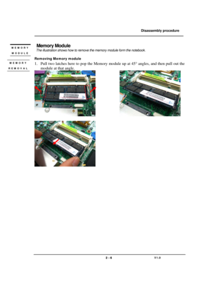 Page 6               Disassembly procedure 
                                                                                        
 
                                   
                                   2 - 6                               V1.0   
 Memory Module 
 The illustration shows how to remove the memory module form the notebook. 
 
Removing Memory module 
 
1. Pull two latches here to pop the Memory module up at 45° angles, and then pull out the 
module at that angle....