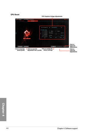 Page 1504-8
GPU Boost
Click to save the adjustment into a profileClick to load the saved profile
Click to apply the adjustmentsClick to undo the adjustments
Click to enable the default settings
CPU Graphics Voltage Adjustments
Chapter 4: Software support 
Chapter 4  