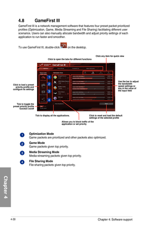 Page 1724-30
4.8 GameFirst III
GameFirst	III	is	a	network	management	software	that	features	four	preset	packet	prioritized	profiles	(Optimization,	Game,	Media	Streaming	and	File	Sharing)	facilitating	different	user	scenarios.	Users	can	also	manually	allocate	bandwidth	and	adjust	priority	settings	of	each	application	to	run	faster	and	smoother.
Optimization ModeGame	packets	are	prioritized	and	other	packets	also	optimized.
Game ModeGame	packets	given	top	priority.
Media Streaming ModeMedia-streaming	packets	given...