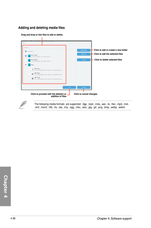 Page 1784-36
Adding and deleting media files
The	following	media	formats		are	supported:	.3gp,	.mp4,	.m4a,	.aac,	.ts,	.flac,	.mp3,	.mid,	.xmf,	.mxmf,	.rtttl,	.rtx,	.ota,	.imy,	.ogg,	.mkv,	.wav,	.jpg,	.gif,	.png,	.bmp,	.webp,	.webm
Drag and drop or tick files to add or delete. 
Click to add or create a new folder
Click to add the selected files
Click to delete selected files
Click to proceed with the deletion or addition of filesClick to cancel changes
Chapter 4: Software support 
Chapter 4  