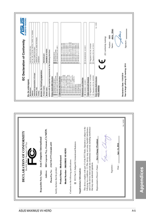 Page 199A-5
EC Declaration of Conformity 
 
We, the \fndersigned, \ban\ffact\frer: ASUSTeK COMPUTER INC. Address: 4F, N\f. 150, \bI-TE Rd., PEITOU, TAIPEI 112, TAIWAN   A\fthorized representative in E\frope:  ASUS COMPUTER GmbH Address, City: HARKORT STR. 21-23, 40880 RATINGEN
 
Co\fntry: GERMANY declare the following apparat\fs: Prod\fct name : \botherboard
 
\bodel name : \bAXI\bUS VII HERO conform with the essential req\firements of the following directives: 2004/108/EC-E\bC Directive   EN 55022:2010+AC:2011...