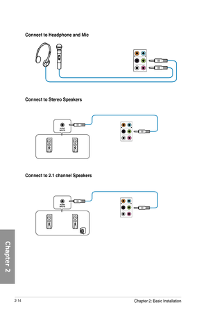 Page 762-14
Connect to Headphone and Mic
Connect to Stereo Speakers
Connect to 2.1 channel Speakers
Chapter 2: Basic Installation 
Chapter 2  