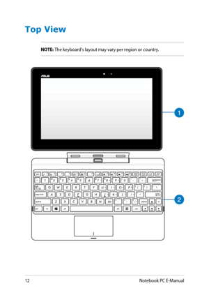 Page 12
1Notebook PC E-Manual

Top View
NOTE: The keyboard's layout may vary per region or country.  