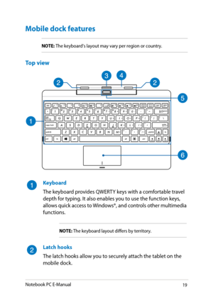 Page 19
Notebook PC E-Manual19

Mobile dock features
NOTE: The keyboard's layout may vary per region or country. 
Top view
Keyboard
The keyboard provides QWERTY keys with a comfortable travel depth for typing. It also enables you to use the function keys, allows quick access to Windows®, and controls other multimedia functions.
NOTE: The keyboard layout differs by territory.
Latch hooks
The latch hooks allow you to securely attach the tablet on the mobile dock. 