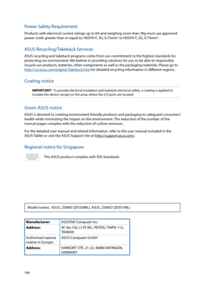Page 156156
Power Safety Requirement
Products with electrical current ratings up to 6A and weighing more than 3Kg must use approved 
power cords greater than or equal to: H05VV-F, 3G, 0.75mm2 or H05VV-F, 2G, 0.75mm2.
ASUS Recycling/Takeback Services
ASUS recycling and takeback programs come from our commitment to the highest standards for 
protecting our environment. We believe in providing solutions for you to be able to responsibly 
recycle our products, batteries, other components as well as the packaging...