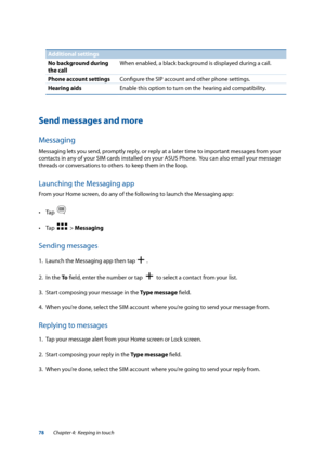 Page 7878
Additional settings
No background during 
the callWhen enabled, a black background is displayed during a call.
Phone account settings Configure the SIP account and other phone settings.
Hearing aids Enable this option to turn on the hearing aid compatibility.
Send messages and more
Messaging
Messaging lets you send, promptly reply, or reply at a later time to important messages from your 
contacts in any of your SIM cards installed on your ASUS Phone.  You can also email your message 
threads or...