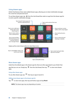 Page 8484
Using drawer apps
Omlet Chat features these value-added drawer apps, allowing you to share multimedia messages 
for a more fun and personal touch.
To use these drawer apps, tap  
 from the chat thread then select an app from the drawer app list 
to send a specific multimedia message.
Tap to send your current 
address with a map snippet.
Tap to create and send 
drawings or doodles.
Tap to send a picture from your 
device.
Tap to launch Camera app and 
send the captured picture.
Tap to use or add more...
