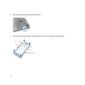 Page 2222 2.  Press the memory card to eject, then pull it out.
3.  Put the rear cover back in place. Press down the rear cover on all sides to secure in place.   