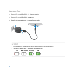 Page 2424
IMPORTANT: •	 Charge	your	phone	for	eight	(8)	hours	before	using	it	in	battery	mode	for	the	first	time.
•	 The	status	of	battery	charge	is	indicated	by	the	following	icons:
            Low              Not Charging       Charging          Full
     
        
To charge your phone:
1.  Connect the micro USB cable to the AC power adapter.
2.   Connect the micro USB cable to your phone.
3.   Plug the AC power adapter to a grounded power outlet. 
3
1
2    