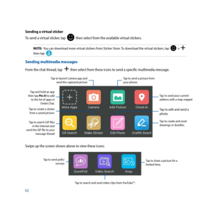 Page 6262
Sending a virtual sticker
To send a virtual sticker, tap  
  then select from the available virtual stickers.
NOTE:  You can download more virtual stickers from Sticker Store. To download the virtual stickers, tap    >   
then tap  
.
Sending multimedia messages
From the chat thread, tap   then select from these icons to send a specific mutlimedia message.
Tap to send your current 
address with a map snippet
Tap to create and send 
drawings or doodles.
Tap to send a picture from 
your phone.
Tap to...