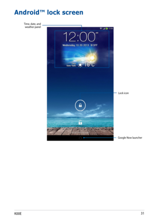 Page 31
K00E1

Android™ lock screen
Lock icon
Google Now launcher
Time, date, and weather panel 