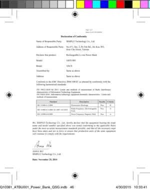 Page 46Page 1 of 1 
Report No.E1/2014/A0024C 
Declaration of Conformity 
Name of Responsible Party:  SIMPLO Technology Co., Ltd. 
Address of Responsible Party:  N o.471, Sec. 2, Pa Teh Rd., Hu Kou 303, 
  Hsin Chu Hsien, Taiwan 
Declares that product:  Rechargeable Li-ion Power Bank 
Model: ABTU001 
Brand: ASUS 
Assembled by:  Same as above 
Address:  Same as above 
Conforms to the EMC Dire ctive 2004/108/EC as attested by conformity with the 
following harmonized standards: 
EN 55022:2010+AC:2011: Limits and...