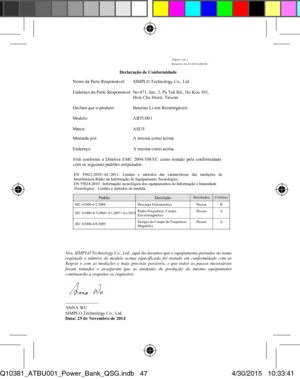 Page 47Página 1 de 1 
Relatório No.E1/2014/A0024C 
Declaração de Conformidade 
Nome da Parte Responsável:  SIMPLO Technology Co., Ltd. 
Endereço da Parte Responsável: No.471, Sec. 2, Pa Teh Rd., Hu Kou 303, 
  Hsin Chu Hsien, Taiwan 
Declara que o produto:  Baterias Li-ion Recarregáveis 
Modelo: ABTU001 
Marca: ASUS 
Montada por:  A mesma como acima 
Endereço:  A mesma como acima 
Está conforme a Diretiva  EMC 2004/108/EC como test ado pela conformidade 
com os seguintes padrões estipulados: 
EN...