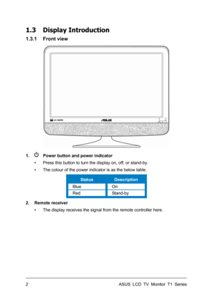 Page 12ASUS LCD TV Monitor T1 Series  2 
1.3 Display Introduction 
1.3.1 Front view 
 
1. 
    Power button and power indicator 
▪  Press this button to turn the display on, off, or stand-by. 
▪  The colour of the power indicator is as the below table. 
Status Description 
Blue On 
Red Stand-by 
2. Remote receiver 
▪  The display receives the signal from the remote controller here. 
  