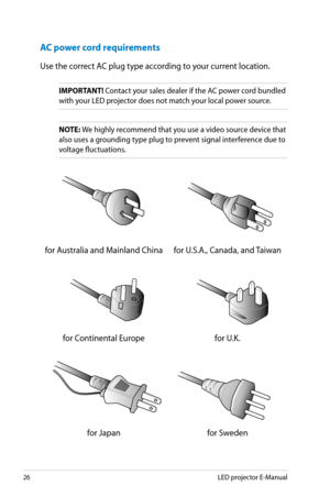 Page 26
6LED projector E-Manual

AC power cord requirements
Use the correct AC plug type according to your current location.
IMPORTANT! Contact your sales dealer if the AC power cord bundled 
with your LED projector does not match your local power source.
NOTE: We highly recommend that you use a video source device that 
also uses a grounding type plug to prevent signal interference due to 
voltage fluctuations.
for Australia and Mainland Chinafor U.S.A., Canada, and Taiwan
for Continental Europefor U.K....
