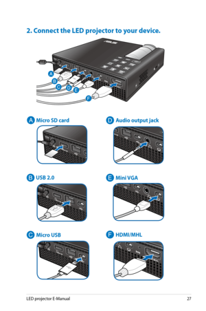 Page 27
LED projector E-Manual7

2. Connect the LED projector to your device.
H D M I / M H L
 Micro SD card
 Micro USB
 Audio output jack 
 Mini VGA
 HDMI/MHL
 USB 2.0
H D M I / M H L
H D M I / M H L
H D M I / M H L
H D M I / M H L
H D M I / M H L
H D M I / M H L 