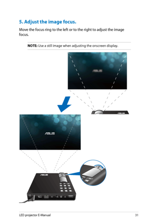 Page 31
LED projector E-Manual1

5. Adjust the image focus.
Move the focus ring to the left or to the right to adjust the image 
focus. 
NOTE: Use a still image when adjusting the onscreen display.
AV-IN
H D M I / M H L 