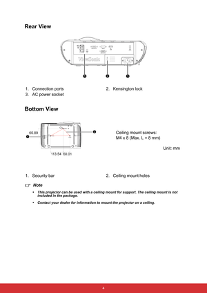 Page 15 4
Rear View 
Bottom View
Note
• This projector can be used with a ceiling mount for support. The ceiling mount is not 
included in the package.
• Contact your dealer for information to mount the projector on a ceiling.
1. Connection ports 2. Kensington lock
3. AC power socket
1. Security bar 2. Ceiling mount holes
123
1
2Ceiling mount screws:
M4 x 8 (Max. L = 8 mm)
Unit: mm
60.01 113.54 65.89 