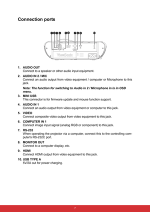 Page 18 7
Connection ports
1. AUDIO OUT
Connect to a speaker or other audio input equipment.
2. AUDIO IN 2 / MIC
Connect an audio output from video equipment / computer or Microphone to this
jack.
Note: The function for switching to Audio in 2 / Microphone in is in OSD 
menu.
3. MINI USB
This connector is for firmware update and mouse function support.
4. AUDIO IN 1
Connect an audio output from video equipment or computer to this jack.
5. VIDEO
Connect composite video output from video equipment to this jack....