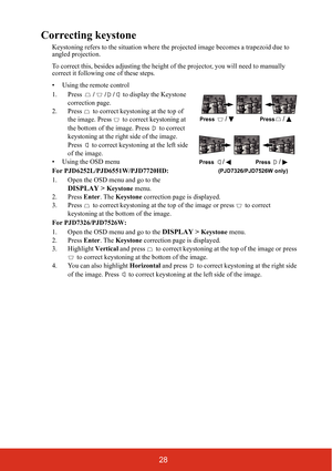 Page 3328
Correcting keystone
Keystoning refers to the situation where the projected image becomes a trapezoid due to 
angled projection.
To correct this, besides adjust ing the height of the projector, you will need to manually 
correct it following one of these steps.
• Using the remote control
1. Press  /// to display the Keystone 
correction page. 
2. Press   to correct keystoning at the top of  the image. Press   to  correct keystoning at 
the bottom of the image. Press   to correct 
keystoning at the...