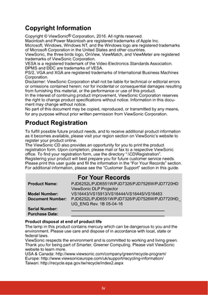 Page 5iv
Copyright Information
Copyright © ViewSonic®
 Corporation, 2016. All rights reserved.
Macintosh and Power Macintosh are registered trademarks of Apple Inc.
Microsoft, Windows, Windows NT, and the Windows logo are registered trademarks 
of Microsoft Corporation in the United States and other countries.
ViewSonic, the three birds logo, OnView, ViewMatch, and ViewMeter are registered 
trademarks of ViewSonic Corporation.
VESA is a registered trademark of the Video Electronics Standards Association. 
DPMS...