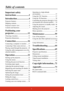 Page 61
Table of contents
Important safety 
instructions .......................2
Introduction .... ..................4
Projector features ................................. 4
Shipping contents ................................. 5
Projector exterior view ......................... 6
Controls and functions ......................... 7
Positioning your 
projector..........................12
Choosing a location............................ 12
Projection dimensions ........................ 13
Connection .........