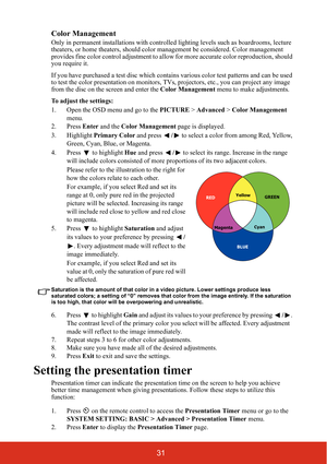 Page 3831 Color Management
Only in permanent installations with controlled lighting levels such as boardrooms, lecture 
theaters, or home theaters, should color management be considered. Color management 
provides fine color control adjustment to allow for more accurate color reproduction, should 
you require it.
If you have purchased a test disc which contains various color test patterns and can be used 
to test the color presentation on monitors, TVs, projectors, etc., you can project any image 
from the disc...