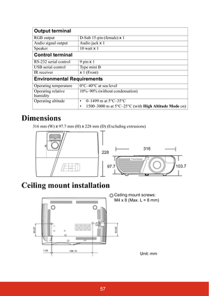 Page 6457
Dimensions
316 mm (W) x 97.7 mm (H)  x 228 mm (D) (Excluding extrusions)
Ceiling mount installation
Output terminal
RGB output D-Sub 15-pin (female) x 1
Audio signal output Audio jack  x 1
Speaker 10 watt x 1
Control terminal
RS-232 serial control 9 pin  x 1
USB serial control Type mini B
IR receiver x 1 (Front)
Environmental Requirements
Operating temperature 0°C–40°C at sea level
Operating relative 
humidity 10%–90% (without condensation)
Operating altitude • 0–1499 m at 5°C–35°C
• 1500–3000 m at...