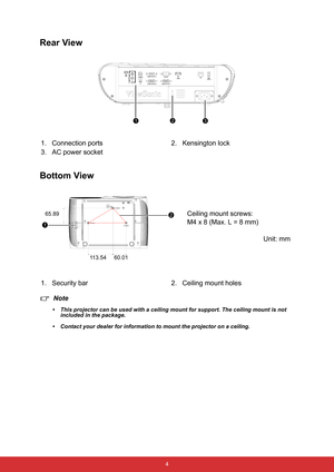 Page 15 4
Rear View 
Bottom View
Note
• This projector can be used with a ceiling mount for support. The ceiling mount is not 
included in the package.
• Contact your dealer for information to mount the projector on a ceiling.
1. Connection ports 2. Kensington lock
3. AC power socket
1. Security bar 2. Ceiling mount holes
123
1
2Ceiling mount screws:
M4 x 8 (Max. L = 8 mm)
Unit: mm
60.01 113.54 65.89 