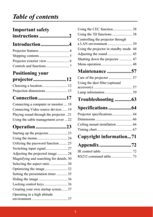 Page 81
Table of contents
Important safety 
instructions .......................2
Introduction ......................4
Projector features ................................. 4
Shipping contents ................................. 5
Projector exterior view ......................... 6
Controls and functions ......................... 7
Positioning your 
projector..........................12
Choosing a location............................ 12
Projection dimensions ........................ 13
Connection...