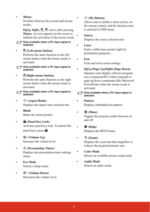 Page 127
•MouseSwitches between the normal and mouse 
modes.
PgUp , PgDn ,  ,  : active after pressing 
Mouse . An icon appears on the screen to 
indicate the activation  of the mouse mode. 
Only available when a PC input signal is 
selected.
•  (Left mouse button)
Performs the same function as the left 
mouse button when the mouse mode is 
activated.
Only available when a PC input signal is 
selected.
•  (Right mouse button)Performs the same function as the right 
mouse button when the mouse mode is...