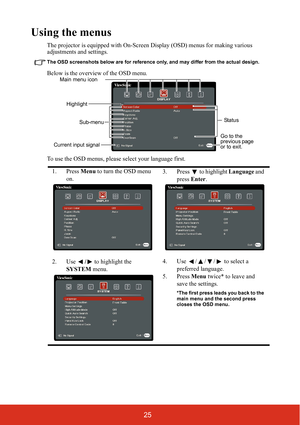 Page 3025
Using the menus
The projector is equipped with On-Screen Display (OSD) menus for making various 
adjustments and settings.
The OSD screenshots below are for reference only, and may differ from the actual design.
Below is the overview of the OSD menu.
To use the OSD menus, please select your language first.
1. Press  Menu to turn the OSD menu 
on. 3. Press   to highlight 
Language and 
press  Enter .
2. Use  / to highlight the 
SYSTEM  menu. 4. Use  / / /  to select a 
preferred language.
5. Press...