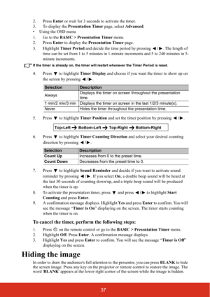 Page 4237
2. Press Enter or wait for 3 seconds to activate the timer.
3. To display the  Presentation Timer  page, select Advanced.
• Using the OSD menu
1. Go to the  BASIC > Presentation Timer  menu.
2. Press  Enter to display the  Presentation Timer  page.
3. Highlight  Timer Period and decide the time period by pressing  /. The length of 
time can be set from 1 to 5 minutes in 1- minute increments and 5 to 240 minutes in 5-
minute increments.
If the timer is already on, the timer will restart whenever the...