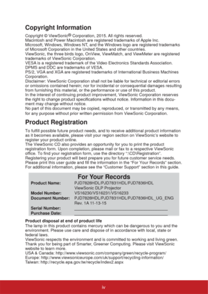 Page 5iv
Copyright Information
Copyright © ViewSonic®
 Corporation, 2015. All rights reserved.
Macintosh and Power Macintosh are registered trademarks of Apple Inc.
Microsoft, Windows, Windows NT, and the Windows logo are registered trademarks 
of Microsoft Corporation in the United States and other countries.
ViewSonic, the three birds logo, OnView, ViewMatch, and ViewMeter are registered 
trademarks of ViewSonic Corporation.
VESA is a registered trademark of the Video Electronics Standards Association. 
DPMS...