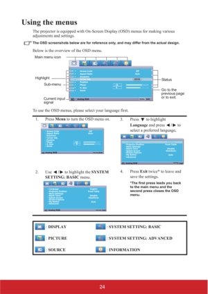 Page 2924
Using the menus
The projector is equipped with On-Screen Display (OSD) menus for making various 
adjustments and settings.
The OSD screenshots below are for reference only, and may differ from the actual design.
Below is the overview of the OSD menu.
To use the OSD menus, please select your language first.
1. Press Menu to turn the OSD menu on.
3. Press  to highlight 
Language and press / to 
select a preferred language.
2. Use / to highlight the SYSTEM 
SETTING: BASIC menu.4. Press Exit twice* to...
