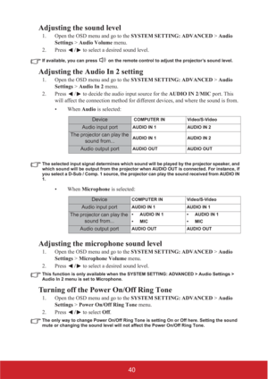 Page 4540
Adjusting the sound level
1. Open the OSD menu and go to the SYSTEM SETTING: ADVANCED > Audio 
Settings > Audio Volume menu.
2. Press / to select a desired sound level.
If available, you can press  on the remote control to adjust the projector’s sound level.
Adjusting the Audio In 2 setting
1. Open the OSD menu and go to the SYSTEM SETTING: ADVANCED > Audio 
Settings > Audio In 2 menu. 
2. Press  /  to decide the audio input source for the AUDIO IN 2/MIC port. This 
will affect the connection method...