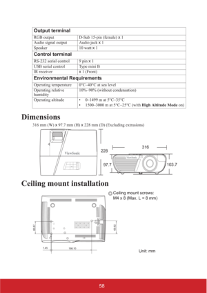 Page 6358
Dimensions
316 mm (W) x 97.7 mm (H) x 228 mm (D) (Excluding extrusions)
Ceiling mount installation
Output terminal
RGB output D-Sub 15-pin (female) x 1
Audio signal output Audio jack x 1
Speaker 10 watt x 1
Control terminal
RS-232 serial control 9 pin x 1
USB serial control Type mini B
IR receiverx 1 (Front)
Environmental Requirements
Operating temperature 0°C–40°C at sea level
Operating relative 
humidity10%–90% (without condensation)
Operating altitude • 0–1499 m at 5°C–35°C
• 1500–3000 m at...