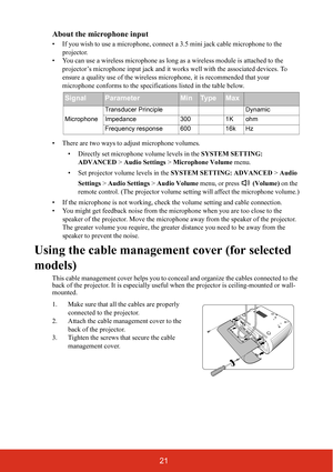 Page 2621
About the microphone input
• If you wish to use a microphone, connect a 3.5 mini jack cable microphone to the 
projector.
• You can use a wireless microphone as long as  a wireless module is attached to the 
projector’s microphone input jack and it work s well with the associated devices. To 
ensure a quality use of the wireless  microphone, it is recommended that your 
microphone conforms to the specificatio ns listed in the table below. 
• There are two ways to adjust microphone volumes. • Directly...